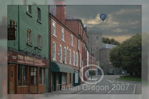 Hot Air Balloon over Church St, Welshpool